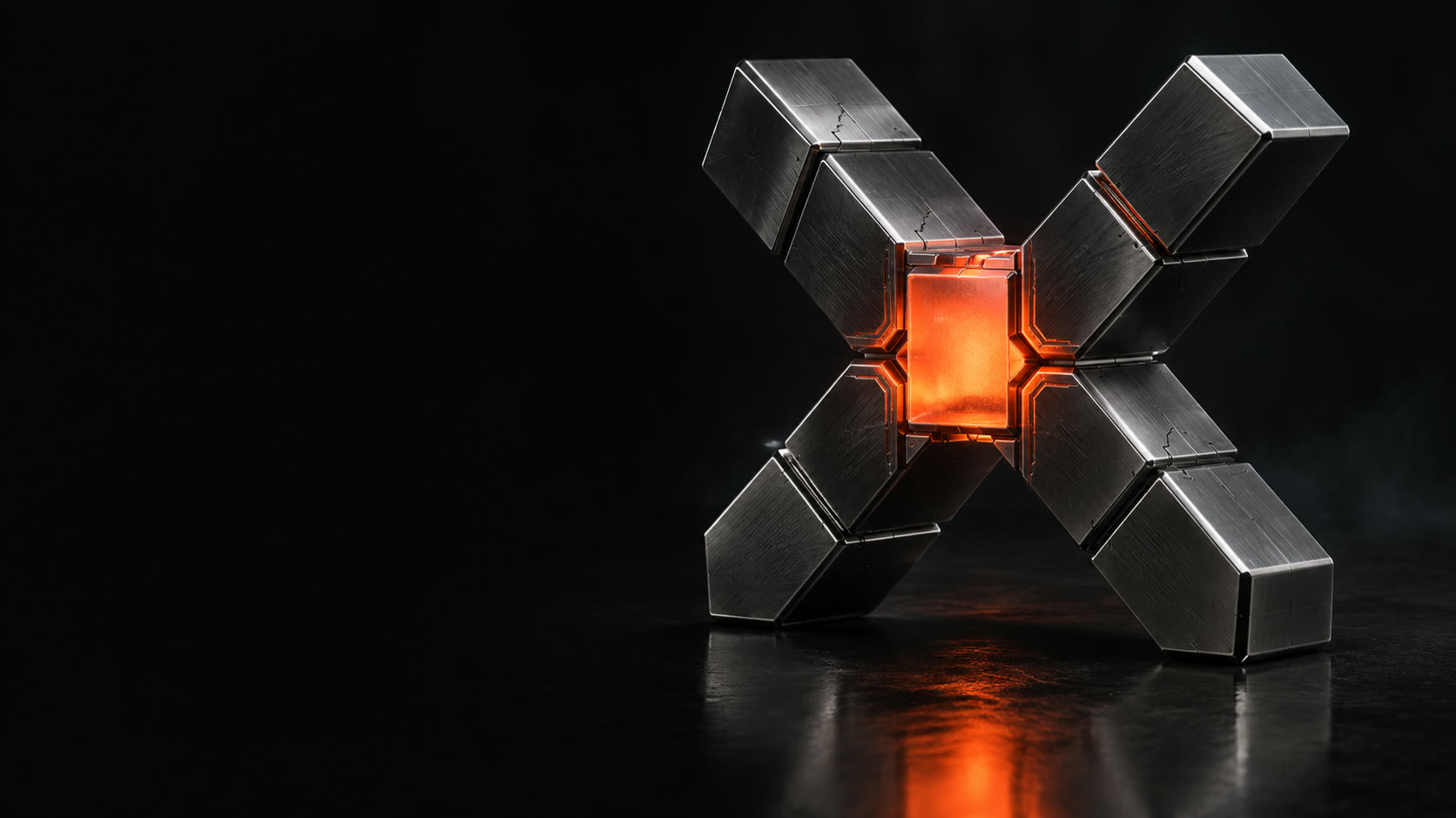 A sculptural metallic Utenx X with a glowing orange core